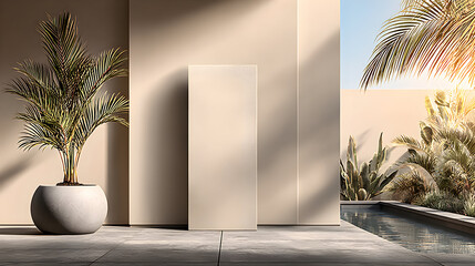 Minimalist Beige Wall with Palm and Planter for Product Mockup