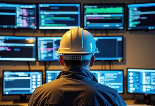 IT technician at multi screen computer workstation monitoring code