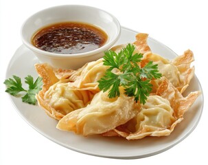 Crispy golden dumplings, topped with a light sauce