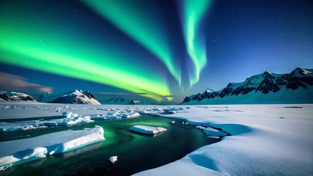 Aurora borealis over icy landscape