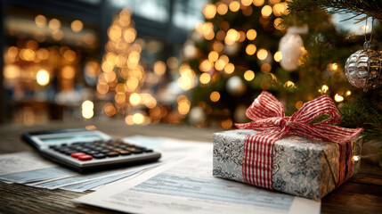 A calculator rests beside paperwork and a gift, all placed near a decorated Christmas tree in a festive setting. Christmas and New Year greetings from the accounting, auditing firm. With copy space