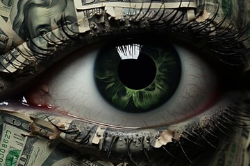 Green eye surrounded by dollar bills, representing greed, obsession with money, and wealth