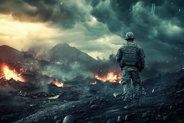 Obraz premium Soldier stands amidst chaos of battle under stormy sky at dusk