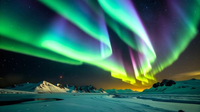 Aurora borealis over snowy landscape