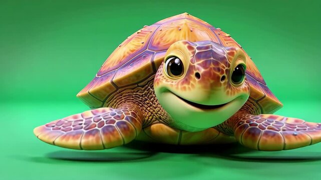 An adorable, cheerful animated sea turtle with a heartwarming smile, showcasing vibrant orange, brown, and purple shell details against a lively green backdrop, embodying pure aquatic joy and charm