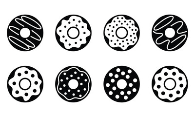 Variety of Doughnut Icons in Black and White Outline Style