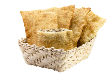 Brazilian pastry, fried dough and stuffed with meat, savory typical of fairs and markets on an...