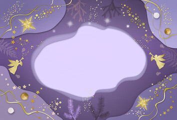 Festive Christmas purple -gold framework template in paper cut style design  with angels , balls, sparkles and stars. Christmas greeting , presentation or invitation concept . Free copy space.