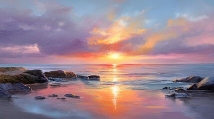 Naklejka premium Sunset seascape painted in oil style with glowing reflections and dramatic sky