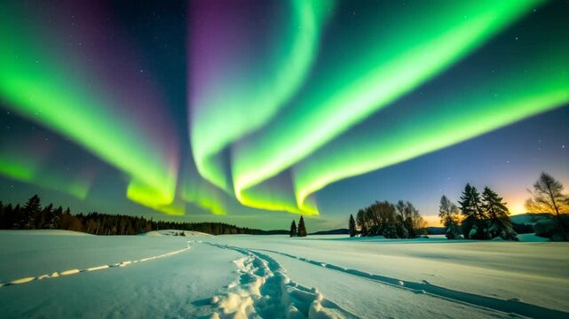 Aurora borealis over snowy landscape