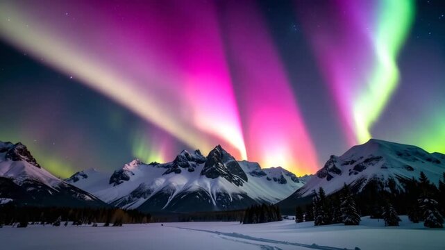 Aurora borealis over snowy mountains