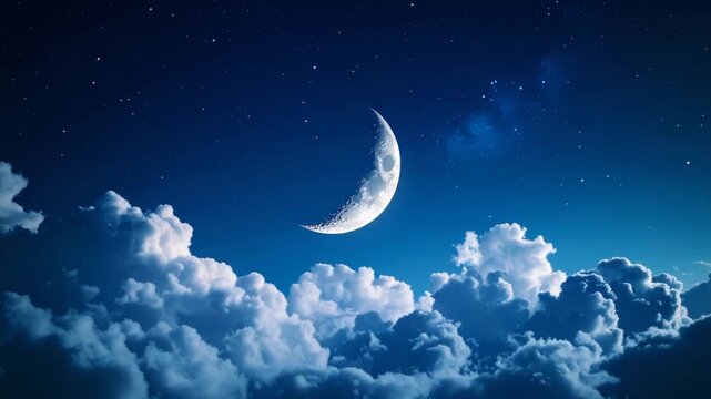 Crescent moon above clouds at night