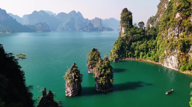 Aerial view of scenic landscape of khao sok national park, on at cheow lan lake, a popular tourist destination, Thailand.