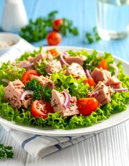 Tuna salad on a bed of lettuce with tomatoes and red onion