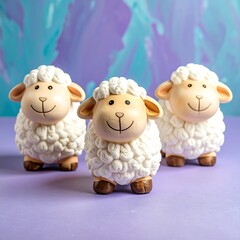 Three charming, stylized sheep figurines on a purple and teal background.  Cute, whimsical, and simple designs