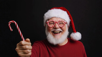 Naklejka premium Elderly man wearing Santa hat and red glasses laughing joyfully while holding candy cane against black background
