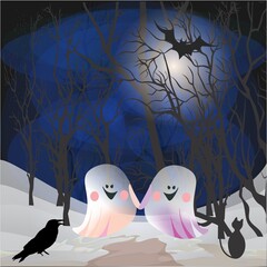 Funny Halloween composition with ghosts and forest