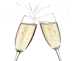 Two champagne glasses clinking in celebration, isolated on transparent background