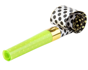 A green party blower with black and white polka dots, isolated on transparent background