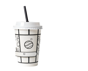 A white paper cup with a black straw and a cartoon drawing of a planet, isolated on transparent background