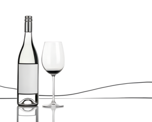 A clear bottle of white wine with a blank label and a glass of red wine, isolated on transparent background