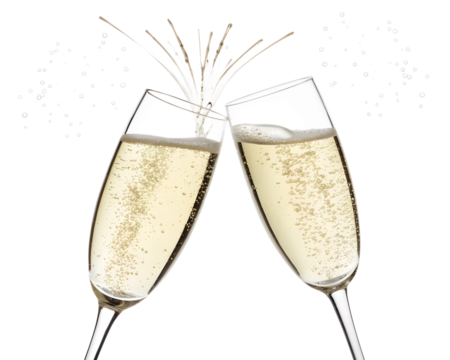 Two champagne glasses clinking in celebration, isolated on transparent background