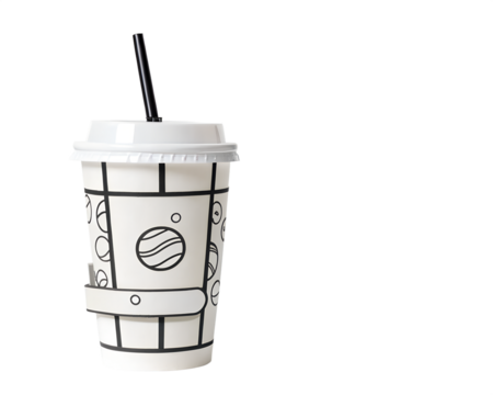 A white paper cup with a black straw and a cartoon drawing of a planet, isolated on transparent background - Powered by Adobe