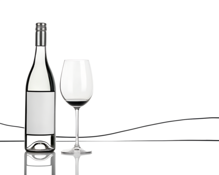 A clear bottle of white wine with a blank label and a glass of red wine, isolated on transparent background