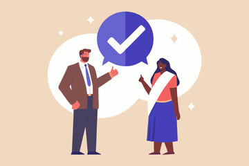 Diverse business professionals give thumbs up approval with a large checkmark symbol in a speech bubble