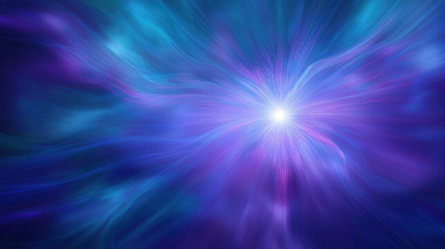 Rich blue-violet gradient with central luminous burst and swirling light trails