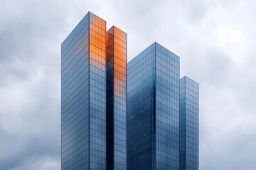 Fototapeta premium Modern Architecture of Tall Glass Buildings Under Dramatic Cloudy Sky with Reflections