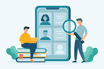 Man using laptop on books and man with magnifying glass searching profiles on smartphone screen concept