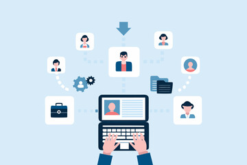 Digital recruitment process with a laptop and employee profiles connected by lines and gears