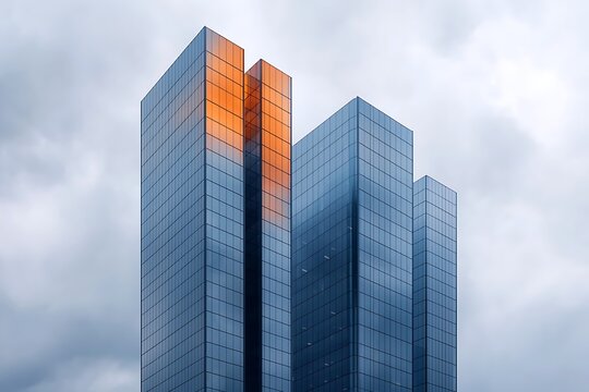 Modern Architecture of Tall Glass Buildings Under Dramatic Cloudy Sky with Reflections