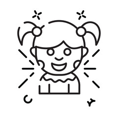 Cute Cartoon Girl With Pigtails And Sparkles Icon Simple Black And White Outline Drawing Transparent Background