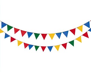 Two rows of colorful triangle flags strung on a thin cord, against a plain white background