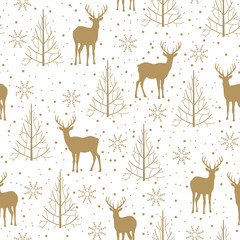 Christmas vector seamless pattern with golden deer and fir trees on a white background. Festive illustration for gift wrapping paper, fabric, clothing, textiles, surface textures, and scrapbooks.