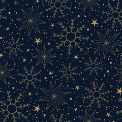 Christmas vector seamless pattern with snowflakes and stars on a blue background. Festive illustration for gift wrapping paper, fabric, clothing, textiles, surface textures, and scrapbooks.