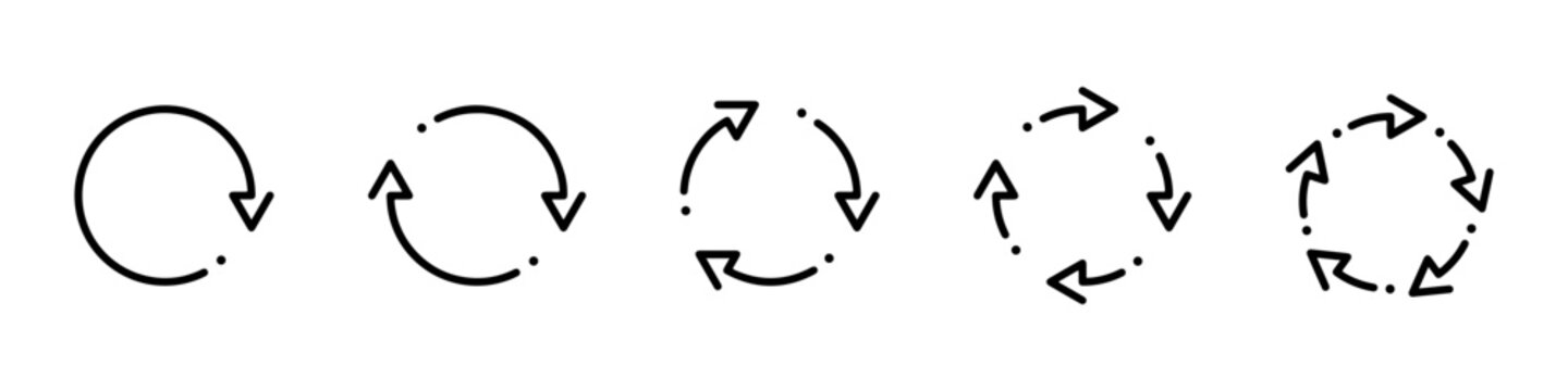 Recycle refresh rotate arrows icon set. Recycling arrow icon set. Rotation arrws set. Different arrows collection. Black arrows collection. Up arrow button symbol. Start-up. Vector graphic. EPS 10