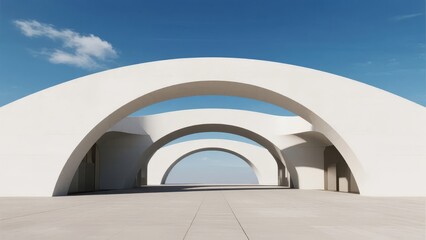 Modern white architectural structure with layered arches under a clear blue sky