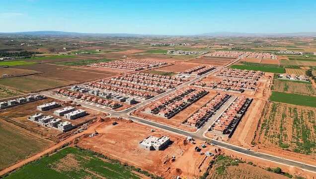 Aerial shot of planned residential development. Houses, construction, and agricultural fields. Blue sky