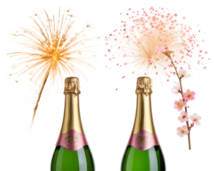 Two bottles of champagne with fireworks and cherry blossoms isolated on transparent background