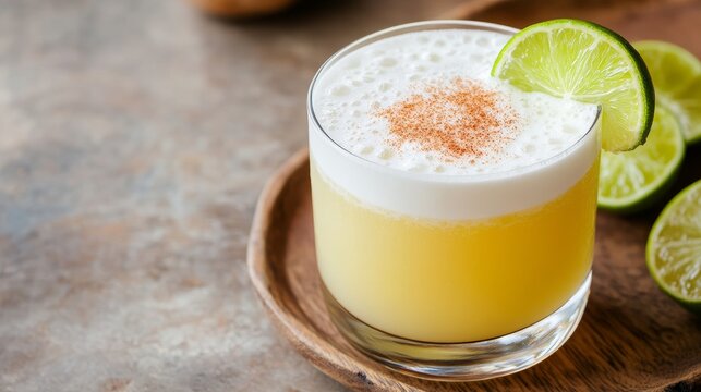 Frothy Guaro Sour cocktail topped with a lime slice, offering a refreshing taste of Costa Rican tradition