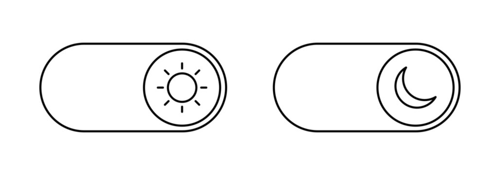 Day and night mode switch vector line icons isolated on white background. Dark and light mode icons. Mobile interface concept. Modes switch set. UI concept. Vector graphic EPS 10