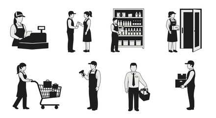 Set of black and white line art icons showing retail workers in various occupations and tasks