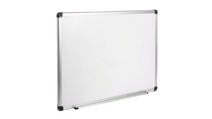 Empty clean white board or magnetic dry erase board with  Aluminum Frame And Mounting Corners  For Office Or Classroom Use isolated on transparent background