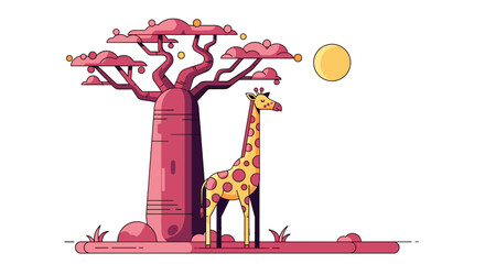 Giraffe standing beside baobab tree in savanna under bright sun
