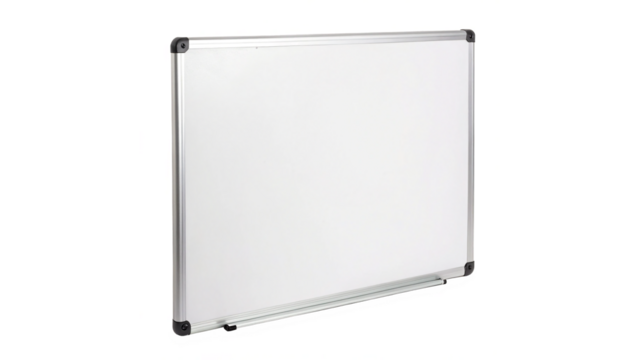 Empty clean white board or magnetic dry erase board with  Aluminum Frame And Mounting Corners  For Office Or Classroom Use isolated on transparent background