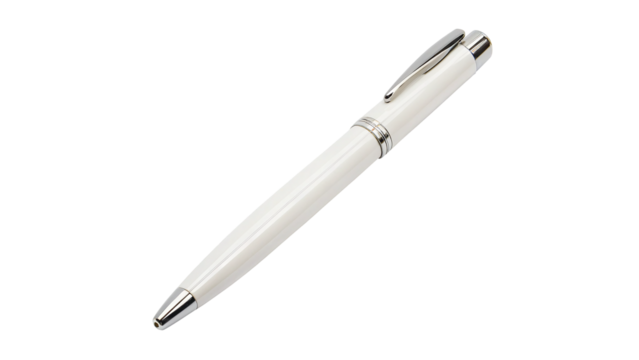 Elegant white ballpoint pen with a silver clip, realistic mockup isolated on transparent background