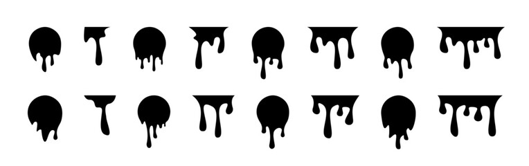 Black paint drips set. Ink drop icon set. Black melt drips. Liquid vector paint drops. Dripping paint. Liquid drips. Black ink runs. Vector graphic EPS 10